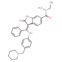 Chemical structure of N-ethyl-N-methyl-2-oxo-3-[phenyl({4-[(piperidin-1-yl)methyl]phenyl}amino)methylidene]-2,3-dihydro-1H-indole-6-carboxamide - CSSB14813040117
