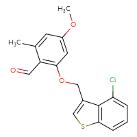 Chemical structure of 2-[(4-chloro-1-benzothiophen-3-yl)methoxy]-4-methoxy-6-methylbenzaldehyde - CSSB21349264042