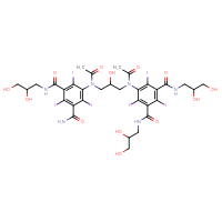 Chemical structure of 5-{N-[3-(N-{3-carbamoyl-5-[(2,3-dihydroxypropyl)carbamoyl]-2,4,6-triiodophenyl}acetamido)-2-hydroxypropyl]acetamido}-N1,N3-bis(2,3-dihydroxypropyl)-2,4,6-triiodobenzene-1,3-dicarboxamide - CSSB02515443650