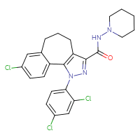 Chemical structure of 12-chloro-3-(2,4-dichlorophenyl)-N-(piperidin-1-yl)-3,4-diazatricyclo[8.4.0.0²,⁶]tetradeca-1(14),2(6),4,10,12-pentaene-5-carboxamide - CSSB00015368362