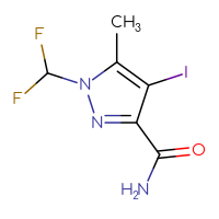 Chemical structure of 1-(difluoromethyl)-4-iodo-5-methyl-1H-pyrazole-3-carboxamide - CSSB06358889498