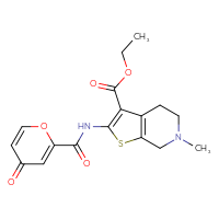 Chemical structure of ethyl 6-methyl-2-(4-oxo-4H-pyran-2-amido)-4H,5H,6H,7H-thieno[2,3-c]pyridine-3-carboxylate - CSSB21531616044