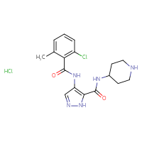 Chemical structure of 4-(2-chloro-6-methylbenzamido)-N-(piperidin-4-yl)-1H-pyrazole-5-carboxamide hydrochloride - CSSB00020668640