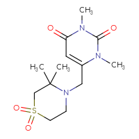 Chemical structure of 4-[(1,3-dimethyl-2,6-dioxo-1,2,3,6-tetrahydropyrimidin-4-yl)methyl]-3,3-dimethyl-1λ⁶-thiomorpholine-1,1-dione - CSSS00046118880