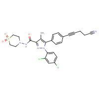 Chemical structure of 5-[4-(4-cyanobut-1-yn-1-yl)phenyl]-1-(2,4-dichlorophenyl)-N-(1,1-dioxo-1λ⁶-thiomorpholin-4-yl)-4-methyl-1H-pyrazole-3-carboxamide - CSSB00159239885