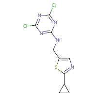 Chemical structure of 4,6-dichloro-N-[(2-cyclopropyl-1,3-thiazol-5-yl)methyl]-1,3,5-triazin-2-amine - CSSB03570457700