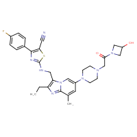 Chemical structure of 2-{[(2-ethyl-6-{4-[2-(3-hydroxyazetidin-1-yl)-2-oxoethyl]piperazin-1-yl}-8-methylimidazo[1,2-a]pyridin-3-yl)methyl]amino}-4-(4-fluorophenyl)-1,3-thiazole-5-carbonitrile - CSSB02125554426