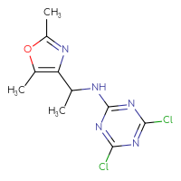 Chemical structure of 4,6-dichloro-N-[1-(2,5-dimethyl-1,3-oxazol-4-yl)ethyl]-1,3,5-triazin-2-amine - CSSB06546415732
