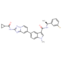 Chemical structure of 5-{2-cyclopropaneamido-[1,2,4]triazolo[1,5-a]pyridin-7-yl}-N-[(1S)-1-(3-fluorophenyl)ethyl]-1-methyl-1H-indole-3-carboxamide - CSSB14948330917