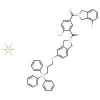 Chemical structure of [3-({2-[5-(4-fluoro-2,3-dihydro-1H-isoindole-2-carbonyl)-2-hydroxybenzoyl]-2,3-dihydro-1H-isoindol-5-yl}oxy)propyl]triphenylphosphanium; hexafluoro-λ⁵-phosphanuide - CSSB14863681950