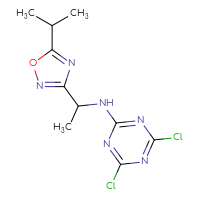 Chemical structure of 4,6-dichloro-N-{1-[5-(propan-2-yl)-1,2,4-oxadiazol-3-yl]ethyl}-1,3,5-triazin-2-amine - CSSB14909705577