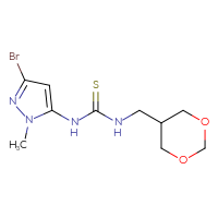 Chemical structure of 3-(3-bromo-1-methyl-1H-pyrazol-5-yl)-1-[(1,3-dioxan-5-yl)methyl]thiourea - CSSB21432513993