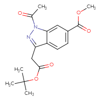 Chemical structure of methyl 1-acetyl-3-[2-(tert-butoxy)-2-oxoethyl]-1H-indazole-6-carboxylate - CSSB02125606560