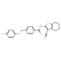 Chemical structure of 4-{[(4-chlorophenyl)sulfanyl]methyl}-N-(3-cyano-4,5,6,7-tetrahydro-1-benzothiophen-2-yl)benzamide - CSSB00121723920