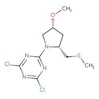Chemical structure of 2,4-dichloro-6-[(2R,4R)-4-methoxy-2-[(methylsulfanyl)methyl]pyrrolidin-1-yl]-1,3,5-triazine - CSSB21332056960