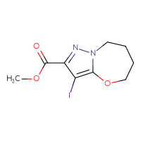 Chemical structure of methyl 3-iodo-5H,6H,7H,8H-pyrazolo[3,2-b][1,3]oxazepine-2-carboxylate - CSSB14979058630