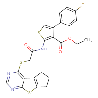 Chemical structure of ethyl 4-(4-fluorophenyl)-2-(2-{7-thia-9,11-diazatricyclo[6.4.0.0²,⁶]dodeca-1(12),2(6),8,10-tetraen-12-ylsulfanyl}acetamido)thiophene-3-carboxylate - CSSB00027950724