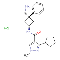 Chemical structure of 3-cyclopentyl-1-methyl-N-[(1r,3r)-3-(aminomethyl)-3-phenylcyclobutyl]-1H-pyrazole-4-carboxamide hydrochloride - CSSB00161156690