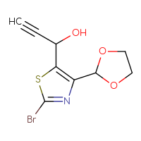 Chemical structure of 1-[2-bromo-4-(1,3-dioxolan-2-yl)-1,3-thiazol-5-yl]prop-2-yn-1-ol - CSSB21246486144