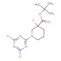 Chemical structure of tert-butyl 1-(4,6-dichloro-1,3,5-triazin-2-yl)-3-fluoropiperidine-3-carboxylate - CSSB21332062382