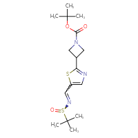 Chemical structure of tert-butyl 3-[5-({[(R)-2-methylpropane-2-sulfinyl]imino}methyl)-1,3-thiazol-2-yl]azetidine-1-carboxylate - CSSB21332860864