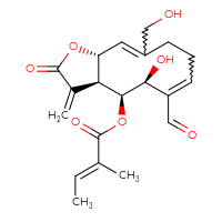 Chemical structure of (3aS,4S,5S,11aR)-6-formyl-5-hydroxy-10-(hydroxymethyl)-3-methylidene-2-oxo-2H,3H,3aH,4H,5H,8H,9H,11aH-cyclodeca[b]furan-4-yl (2E)-2-methylbut-2-enoate - CSSB20620527516