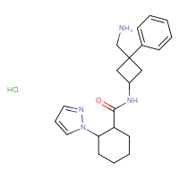 Chemical structure of N-[3-(aminomethyl)-3-phenylcyclobutyl]-2-(1H-pyrazol-1-yl)cyclohexane-1-carboxamide hydrochloride - CSSB20620703876