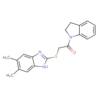 Chemical structure of 1-(2,3-dihydro-1H-indol-1-yl)-2-[(5,6-dimethyl-1H-1,3-benzodiazol-2-yl)sulfanyl]ethan-1-one - CSSB00121609342