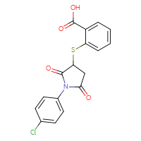 Chemical structure of 2-{[1-(4-chlorophenyl)-2,5-dioxopyrrolidin-3-yl]sulfanyl}benzoic acid - CSSB00132974384