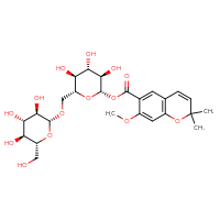 Chemical structure of (2S,3R,4S,5S,6R)-3,4,5-trihydroxy-6-({[(2R,3R,4S,5S,6R)-3,4,5-trihydroxy-6-(hydroxymethyl)oxan-2-yl]oxy}methyl)oxan-2-yl 7-methoxy-2,2-dimethyl-2H-chromene-6-carboxylate - CSSB00159261904