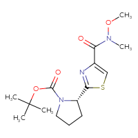 Chemical structure of tert-butyl (2S)-2-{4-[methoxy(methyl)carbamoyl]-1,3-thiazol-2-yl}pyrrolidine-1-carboxylate - CSSB00160490805