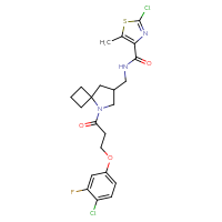 Chemical structure of 2-chloro-N-({5-[3-(4-chloro-3-fluorophenoxy)propanoyl]-5-azaspiro[3.4]octan-7-yl}methyl)-5-methyl-1,3-thiazole-4-carboxamide - CSSS06741660821