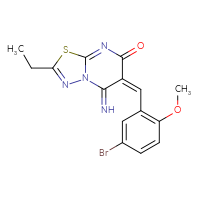 Chemical structure of (6E)-6-[(5-bromo-2-methoxyphenyl)methylidene]-2-ethyl-5-imino-5H,6H,7H-[1,3,4]thiadiazolo[3,2-a]pyrimidin-7-one - CSSB02267484896