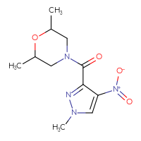 Chemical structure of 2,6-dimethyl-4-(1-methyl-4-nitro-1H-pyrazole-3-carbonyl)morpholine - CSSB00046186972