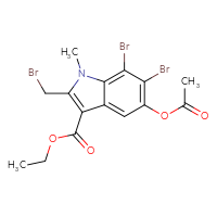 Chemical structure of ethyl 5-(acetyloxy)-6,7-dibromo-2-(bromomethyl)-1-methyl-1H-indole-3-carboxylate - CSSB20785369925