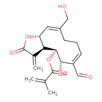 Chemical structure of (3aS,4S,5S,11aR)-6-formyl-5-hydroxy-10-(hydroxymethyl)-3-methylidene-2-oxo-2H,3H,3aH,4H,5H,8H,9H,11aH-cyclodeca[b]furan-4-yl 2-methylprop-2-enoate - CSSB20519748990