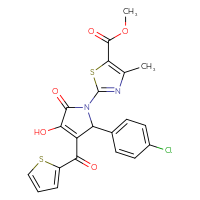 Chemical structure of methyl 2-[2-(4-chlorophenyl)-4-hydroxy-5-oxo-3-(thiophene-2-carbonyl)-2,5-dihydro-1H-pyrrol-1-yl]-4-methyl-1,3-thiazole-5-carboxylate - CSSB00026735611
