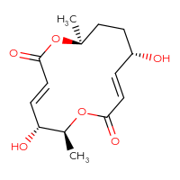Chemical structure of (3E,5R,6S,9E,11S,14S)-5,11-dihydroxy-6,14-dimethyl-1,7-dioxacyclotetradeca-3,9-diene-2,8-dione - CSSB06623407524