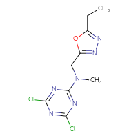 Chemical structure of 4,6-dichloro-N-[(5-ethyl-1,3,4-oxadiazol-2-yl)methyl]-N-methyl-1,3,5-triazin-2-amine - CSSB06781848980