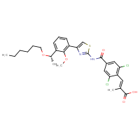 Chemical structure of (2E)-3-{2,6-dichloro-4-[(4-{3-[(1S)-1-(hexyloxy)ethyl]-2-methoxyphenyl}-1,3-thiazol-2-yl)carbamoyl]phenyl}-2-methylprop-2-enoic acid - CSSB00025715565