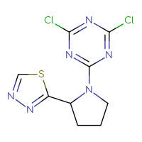 Chemical structure of 2,4-dichloro-6-[2-(1,3,4-thiadiazol-2-yl)pyrrolidin-1-yl]-1,3,5-triazine - CSSB02198473143