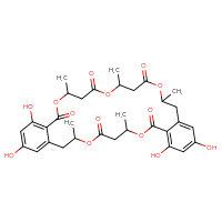 Chemical structure of 12,14,30,32-tetrahydroxy-4,8,18,22,26-pentamethyl-3,7,17,21,25-pentaoxatricyclo[26.4.0.0¹⁰,¹⁵]dotriaconta-1(32),10,12,14,28,30-hexaene-2,6,16,20,24-pentone - CSSB02515438918