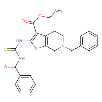 Chemical structure of ethyl 6-benzyl-2-{[(phenylformamido)methanethioyl]amino}-4H,5H,6H,7H-thieno[2,3-c]pyridine-3-carboxylate - CSSB00121689660