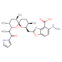 Chemical structure of 5-(methylamino)-2-{[(2R,3R,6S,8S,9R,11R)-3,9,11-trimethyl-8-[(2R)-1-oxo-1-(1H-pyrrol-2-yl)propan-2-yl]-1,7-dioxaspiro[5.5]undecan-2-yl]methyl}-1,3-benzoxazole-4-carboxylic acid - CSSB14945366139