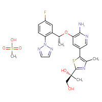 Chemical structure of (2R)-2-(5-{6-amino-5-[(1R)-1-[5-fluoro-2-(2H-1,2,3-triazol-2-yl)phenyl]ethoxy]pyridin-3-yl}-4-methyl-1,3-thiazol-2-yl)propane-1,2-diol; methanesulfonic acid - CSSB21043412172
