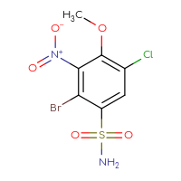 Chemical structure of 2-bromo-5-chloro-4-methoxy-3-nitrobenzene-1-sulfonamide - CSSB00102863535