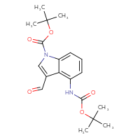 Chemical structure of tert-butyl 4-{[(tert-butoxy)carbonyl]amino}-3-formyl-1H-indole-1-carboxylate - CSSB21332128349