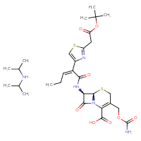 Chemical structure of (6R,7R)-7-[(2Z)-2-{2-[2-(tert-butoxy)-2-oxoethyl]-1,3-thiazol-4-yl}pent-2-enamido]-3-[(carbamoyloxy)methyl]-8-oxo-5-thia-1-azabicyclo[4.2.0]oct-2-ene-2-carboxylic acid; bis(propan-2-yl)amine - CSSB00116207914