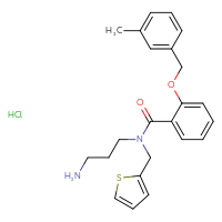 Chemical structure of N-(3-aminopropyl)-2-[(3-methylphenyl)methoxy]-N-[(thiophen-2-yl)methyl]benzamide hydrochloride - CSSB00025765675