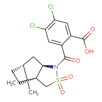 Chemical structure of 4,5-dichloro-2-[(1S,5R,7R)-10,10-dimethyl-3,3-dioxo-3λ⁶-thia-4-azatricyclo[5.2.1.0¹,⁵]decane-4-carbonyl]benzoic acid - CSSB00025767832